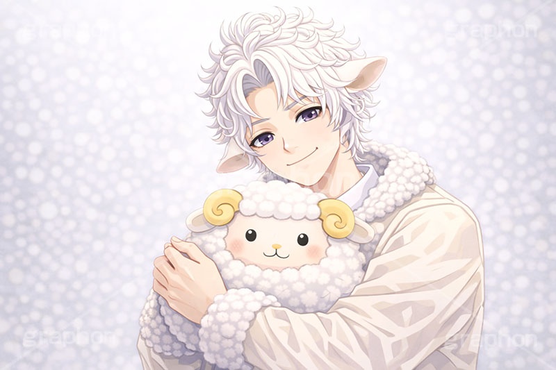 白羊のイケメン,白羊,ひつじ,ヒツジ,羊,シープ,擬人化,イケメン,男子,男の子,美男子,人物,ぬいぐるみ,抱く,抱きしめる,マスコット,カッコイイ,かっこいい,やさしい,優しい,癒し系,未,未年,干支,もこもこ,モコモコ,イラスト,キャラクター,illustration,sheep,character,japan,clay,AI生成素材