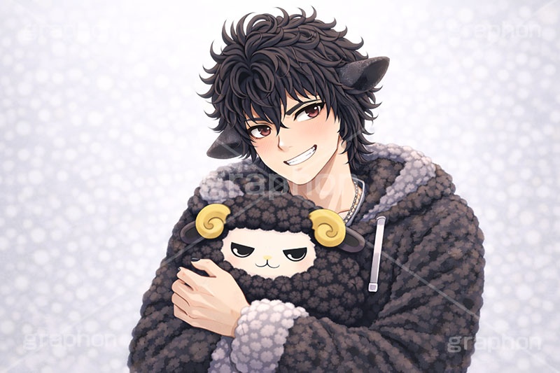 黒羊のイケメン,黒羊,ひつじ,ヒツジ,羊,シープ,擬人化,イケメン,男子,男の子,美男子,人物,ぬいぐるみ,マスコット,抱く,抱きしめる,カッコイイ,かっこいい,クール,やんちゃ,ストリート系,未,未年,干支,もこもこ,モコモコ,イラスト,キャラクター,illustration,sheep,character,japan,clay,AI生成素材