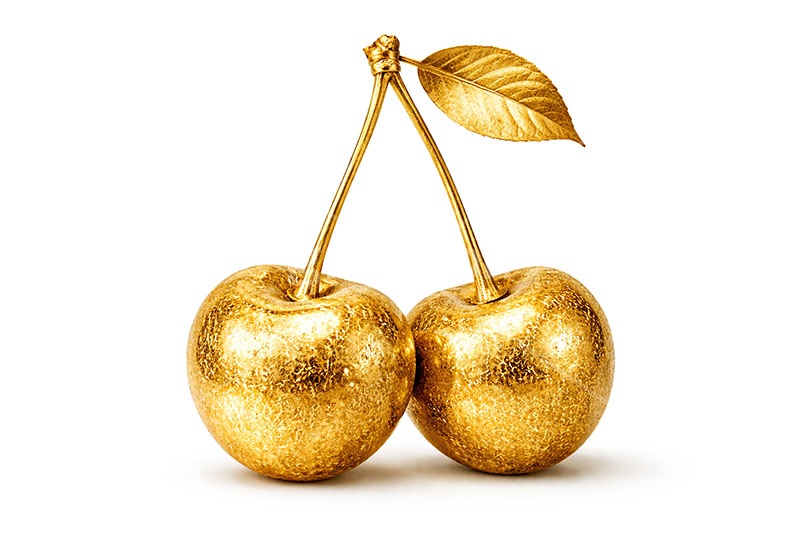 金のサクランボ,サクランボ,さくらんぼ,チェリー,金のフルーツ,リッチ,ゴールド,高級,高価,キラキラ,ラメ,セレブ,面白い,おもしろ,rich,gold,fruit,cherry,AI生成素材