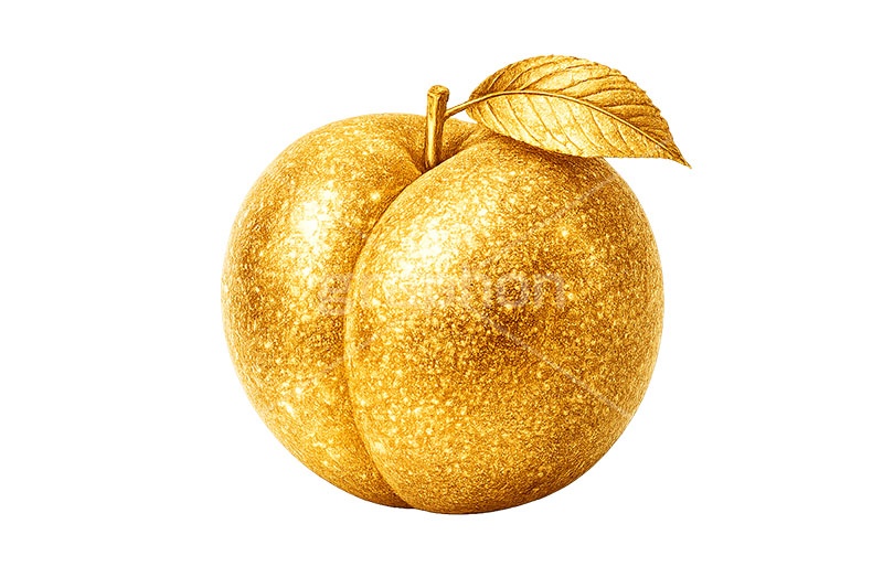 金のモモ,モモ,もも,桃,ピーチ,金のフルーツ,リッチ,ゴールド,高級,高価,キラキラ,ラメ,セレブ,面白い,おもしろ,rich,gold,fruit,peach,AI生成素材