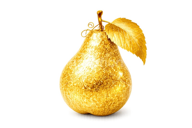 金のラフランス,ラフランス,洋梨,洋ナシ,洋なし,金のフルーツ,リッチ,ゴールド,高級,高価,キラキラ,ラメ,セレブ,面白い,おもしろ,rich,gold,fruit,AI生成素材