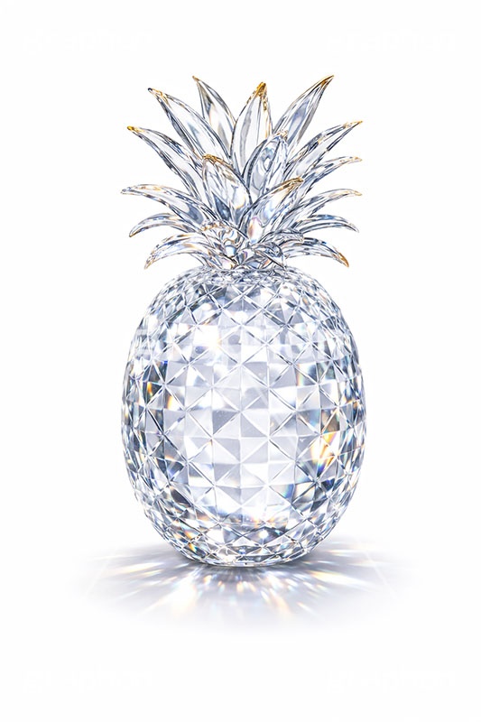 クリスタルのパイナップル,パイナップル,パインアップル,パイン,クリスタルのフルーツ,クリスタル,ガラス,宝石,ジュエル,プリズム,リッチ,高級,高価,キラキラ,セレブ,面白い,おもしろ,rich,glass,jewel,crystal,pineapple,AI生成素材