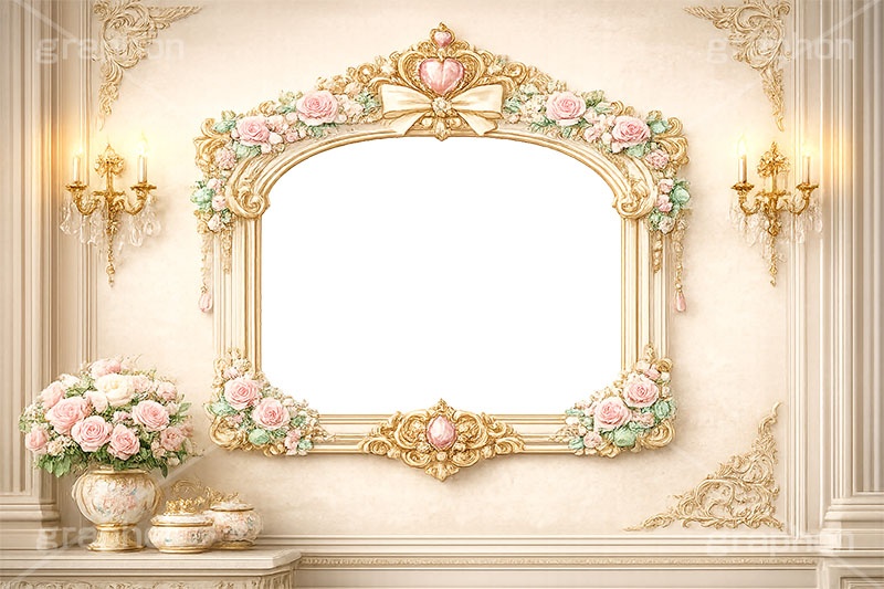 プリンセスの額縁,プリンセス,ロココ調,姫系,ロリータ,額縁,額,額ブチ,絵画,西洋,洋館,高貴,フレーム,frame,AI生成素材