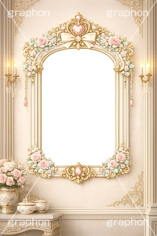 プリンセスの額縁,プリンセス,ロココ調,姫系,ロリータ,額縁,額,額ブチ,絵画,西洋,洋館,高貴,フレーム,frame,AI生成素材