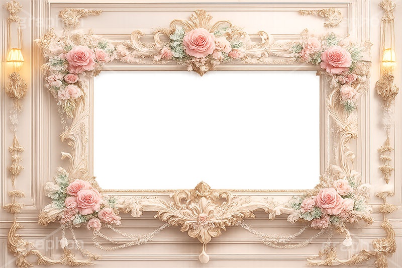プリンセスの額縁,プリンセス,ロココ調,姫系,ロリータ,額縁,額,額ブチ,絵画,西洋,洋館,高貴,フレーム,frame,AI生成素材