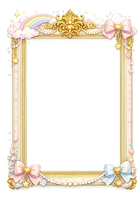 メルヘンな額縁,メルヘン,ゆめかわいい,リボン,虹,レインボー,額縁,額,額ブチ,絵画,西洋,洋館,高貴,かわいい,カワイイ,可愛い,フレーム,frame,ribbon,rainbow,cute,AI生成素材