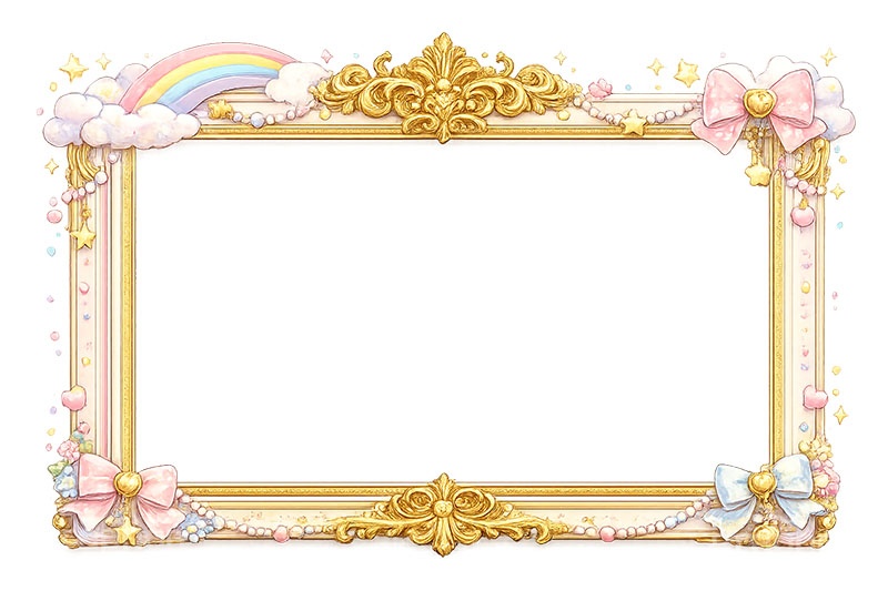メルヘンな額縁,メルヘン,ゆめかわいい,リボン,虹,レインボー,額縁,額,額ブチ,絵画,西洋,洋館,高貴,かわいい,カワイイ,可愛い,フレーム,frame,ribbon,rainbow,cute,AI生成素材