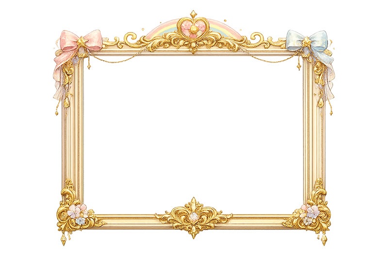 メルヘンな額縁,メルヘン,ゆめかわいい,リボン,虹,レインボー,額縁,額,額ブチ,絵画,西洋,洋館,高貴,かわいい,カワイイ,可愛い,フレーム,frame,ribbon,rainbow,cute,AI生成素材