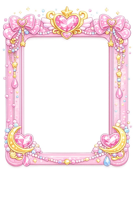 メルヘンな額縁,メルヘン,ゆめかわいい,ジュエル,リボン,玩具,おもちゃ,女玩,変身,額縁,額,額ブチ,絵画,西洋,洋館,高貴,かわいい,カワイイ,可愛い,フレーム,frame,ribbon,cute,jewel,toy,AI生成素材