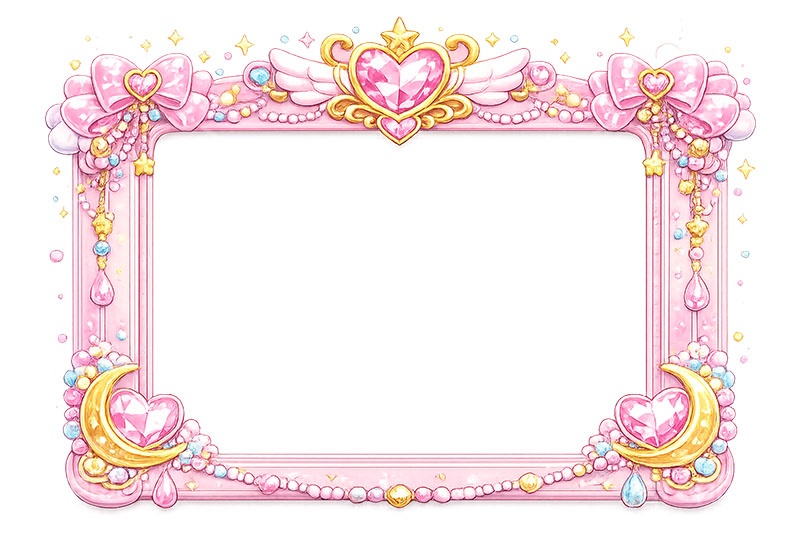 メルヘンな額縁,メルヘン,ゆめかわいい,ジュエル,リボン,玩具,おもちゃ,女玩,変身,額縁,額,額ブチ,絵画,西洋,洋館,高貴,かわいい,カワイイ,可愛い,フレーム,frame,ribbon,cute,jewel,toy,AI生成素材