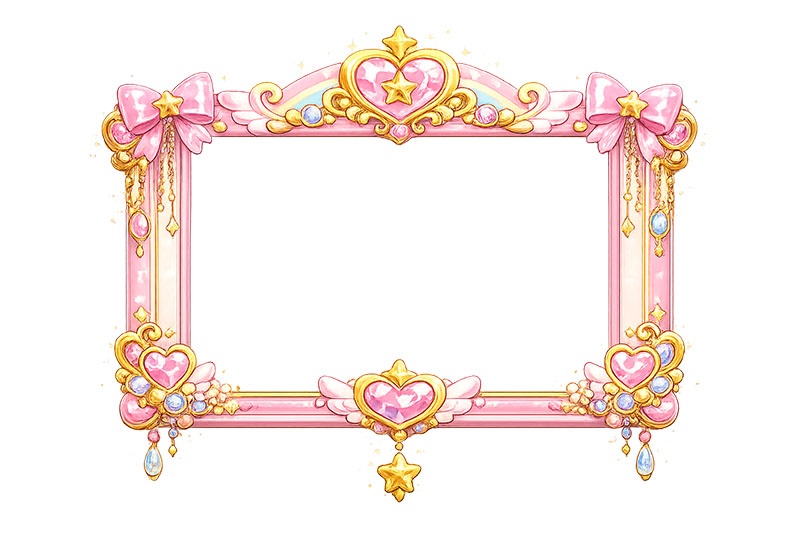 メルヘンな額縁,メルヘン,ゆめかわいい,ジュエル,リボン,玩具,おもちゃ,女玩,変身,額縁,額,額ブチ,絵画,西洋,洋館,高貴,かわいい,カワイイ,可愛い,フレーム,frame,ribbon,cute,jewel,toy,AI生成素材