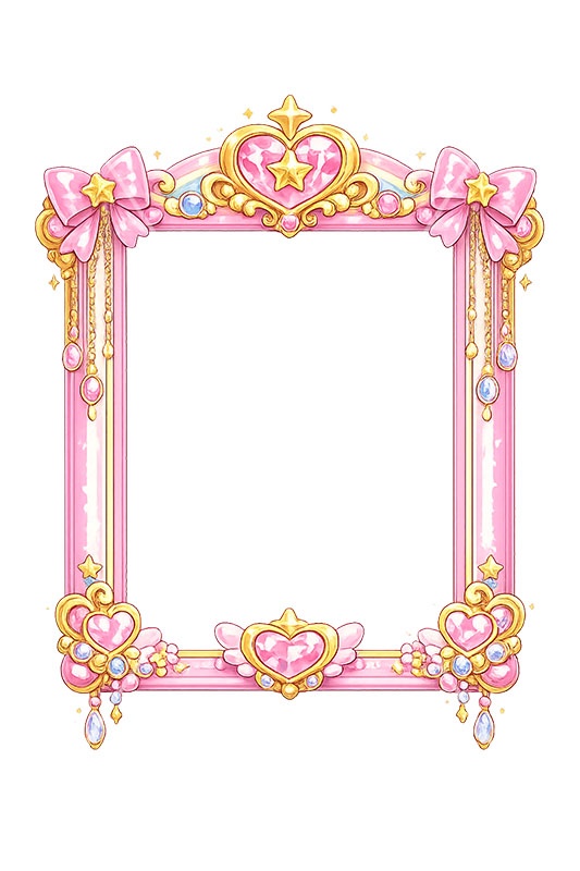 メルヘンな額縁,メルヘン,ゆめかわいい,ジュエル,リボン,玩具,おもちゃ,女玩,変身,額縁,額,額ブチ,絵画,西洋,洋館,高貴,かわいい,カワイイ,可愛い,フレーム,frame,ribbon,cute,jewel,toy,AI生成素材