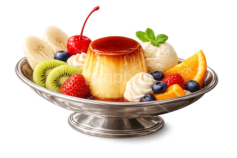 プリンアラモード,プリン,ぷりん,プディング,カラメル,喫茶店,純喫茶,カフェ,クリーム,生クリーム,アイスクリーム,フルーツ,いちご,ベリー,ブルーベリー,さくらんぼ,サクランボ,キウイ,キウイフルーツ,オレンジ,バナナ,ミント,ペパーミント,たまご,デザート,おやつ,スイーツ,菓子,お菓子,焼菓子,焼き菓子,甘い,銀食器,sweet,pudding,mint,AI生成素材