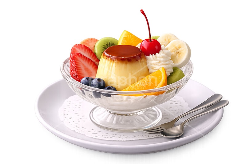 プリンアラモード,プリン,ぷりん,プディング,カラメル,喫茶店,純喫茶,カフェ,クリーム,生クリーム,フルーツ,いちご,ベリー,ブルーベリー,さくらんぼ,サクランボ,キウイ,キウイフルーツ,オレンジ,バナナ,たまご,デザート,おやつ,スイーツ,菓子,お菓子,焼菓子,焼き菓子,甘い,スプーン,フォーク,sweet,pudding,spoon,fork,AI生成素材