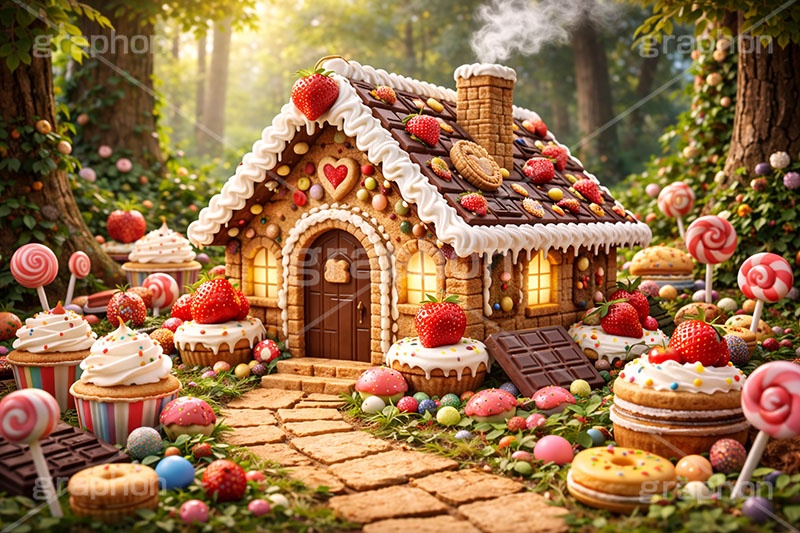 お菓子の家,お菓子,菓子,おかし,スイーツ,デザート,スウィート,甘い,クッキー,ビスケット,チョコレート,ドーナツ,カップケーキ,キャンディ,飴,いちご,苺,ストロベリー,クリーム,家,おとぎ話,童話,メルヘン,dessert,candy,chocolate,cookie,biscuit,sweet,donut,cake,strawberry,AI生成素材