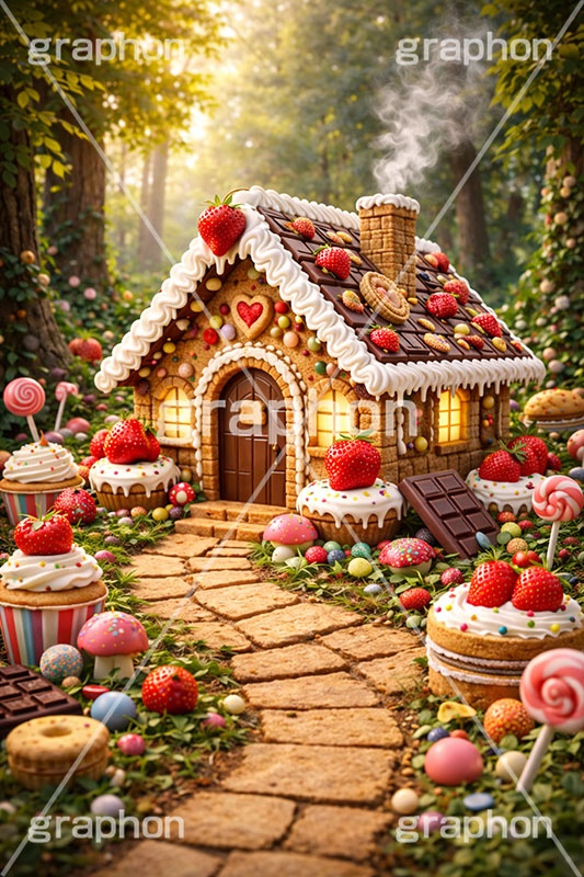お菓子の家,お菓子,菓子,おかし,スイーツ,デザート,スウィート,甘い,クッキー,ビスケット,チョコレート,ドーナツ,カップケーキ,キャンディ,飴,いちご,苺,ストロベリー,クリーム,家,おとぎ話,童話,メルヘン,dessert,candy,chocolate,cookie,biscuit,sweet,donut,cake,strawberry,AI生成素材
