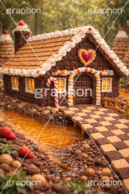 お菓子の家,お菓子,菓子,おかし,スイーツ,デザート,スウィート,甘い,クッキー,ビスケット,チョコレート,ドーナツ,カップケーキ,キャンディ,飴,いちご,苺,ストロベリー,クリーム,家,おとぎ話,童話,メルヘン,dessert,candy,chocolate,cookie,biscuit,sweet,donut,cake,strawberry,AI生成素材