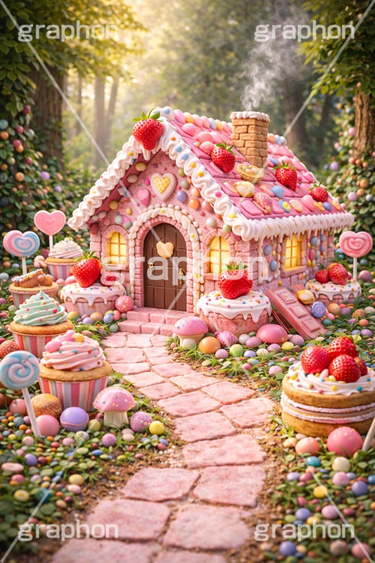 お菓子の家,お菓子,菓子,おかし,スイーツ,デザート,スウィート,甘い,クッキー,ビスケット,チョコレート,ドーナツ,カップケーキ,キャンディ,飴,いちご,苺,ストロベリー,クリーム,家,おとぎ話,童話,メルヘン,dessert,candy,chocolate,cookie,biscuit,sweet,donut,cake,strawberry,AI生成素材