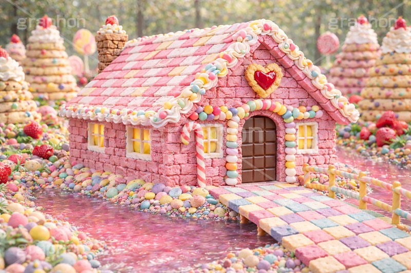 お菓子の家,お菓子,菓子,おかし,スイーツ,デザート,スウィート,甘い,クッキー,ビスケット,チョコレート,ドーナツ,カップケーキ,キャンディ,飴,いちご,苺,ストロベリー,クリーム,家,おとぎ話,童話,メルヘン,dessert,candy,chocolate,cookie,biscuit,sweet,donut,cake,strawberry,AI生成素材
