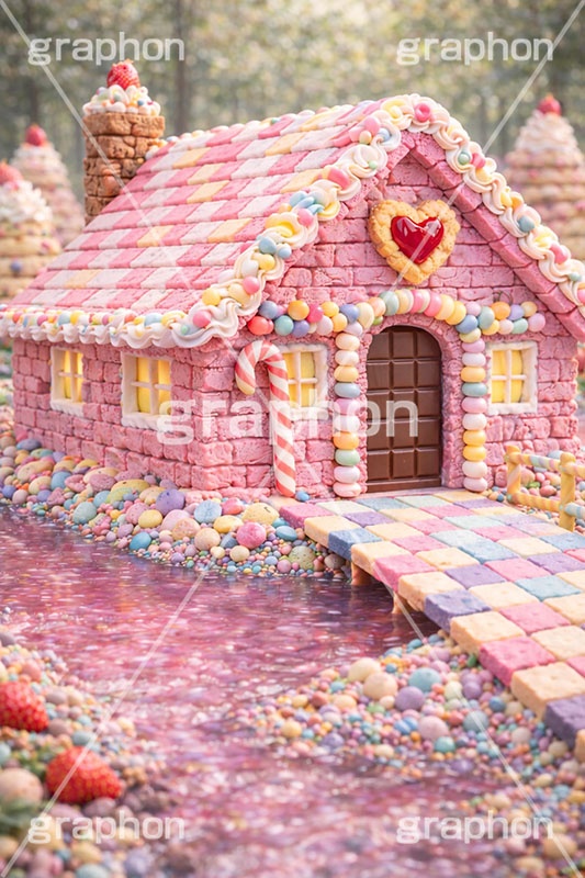 お菓子の家,お菓子,菓子,おかし,スイーツ,デザート,スウィート,甘い,クッキー,ビスケット,チョコレート,ドーナツ,カップケーキ,キャンディ,飴,いちご,苺,ストロベリー,クリーム,家,おとぎ話,童話,メルヘン,dessert,candy,chocolate,cookie,biscuit,sweet,donut,cake,strawberry,AI生成素材