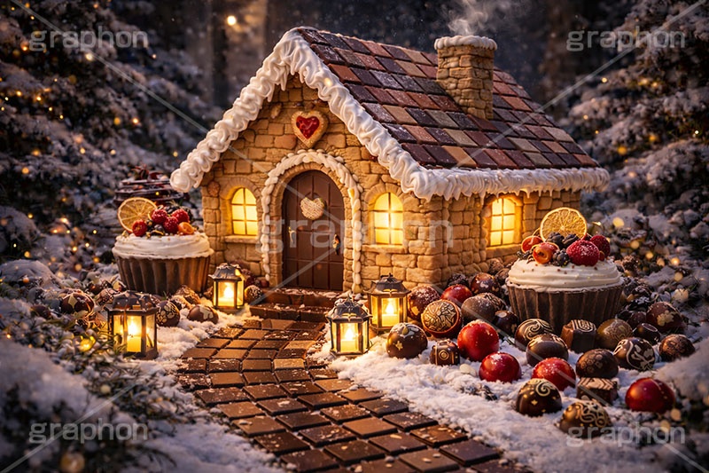 夜のお菓子の家,お菓子の家,お菓子,菓子,おかし,スイーツ,デザート,スウィート,甘い,クッキー,ビスケット,チョコレート,ドーナツ,カップケーキ,キャンディ,飴,クリーム,家,おとぎ話,童話,メルヘン,クリスマス,冬,夜,雪,砂糖,sugar,snow,dessert,candy,chocolate,cookie,biscuit,sweet,donut,cake,christmas,winter,night,AI生成素材