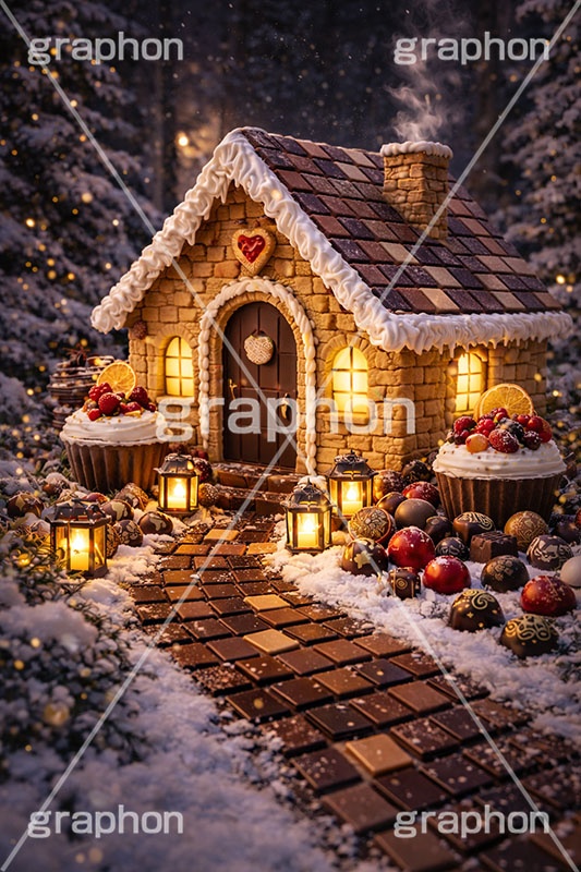 夜のお菓子の家,お菓子の家,お菓子,菓子,おかし,スイーツ,デザート,スウィート,甘い,クッキー,ビスケット,チョコレート,ドーナツ,カップケーキ,キャンディ,飴,クリーム,家,おとぎ話,童話,メルヘン,クリスマス,冬,夜,雪,砂糖,sugar,snow,dessert,candy,chocolate,cookie,biscuit,sweet,donut,cake,christmas,winter,night,AI生成素材