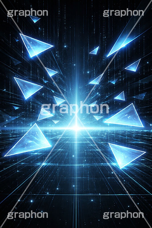 デジタル世界,電脳世界,三角模様,三角柄,トライアングル,マトリックス,コード,データ,サイバー,パソコン,入力,基盤,デジタル,イメージ,クール,かっこいい,欠片,破片,ガラス,cool,cyber,data,matrix,digital,IT,image,triangle,PC,AI生成素材