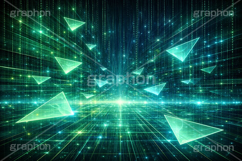 デジタル世界,電脳世界,三角模様,三角柄,トライアングル,マトリックス,コード,データ,サイバー,パソコン,入力,基盤,デジタル,イメージ,クール,かっこいい,欠片,破片,ガラス,cool,cyber,data,matrix,digital,IT,image,triangle,PC,AI生成素材