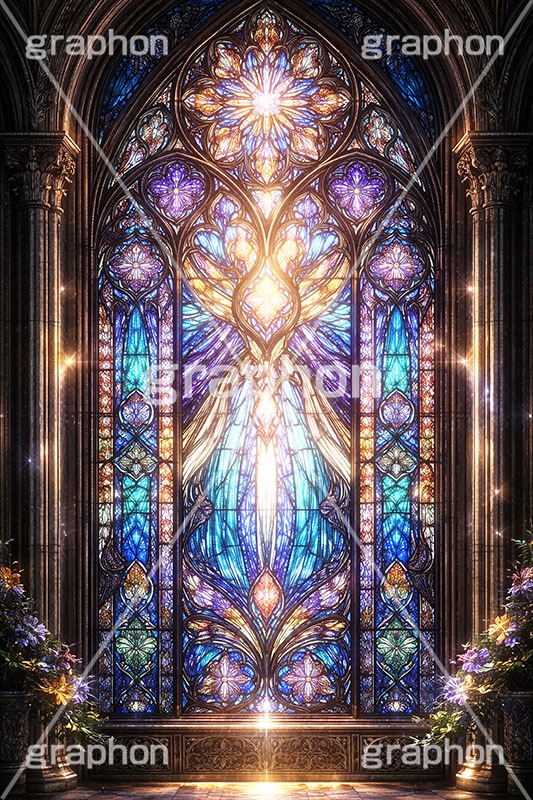 ステンドグラス,ガラス,色ガラス,ファンタジー,ゲーム,神殿,鉛,ハンダ,西洋,教会,聖堂,glass,church,game,AI生成素材