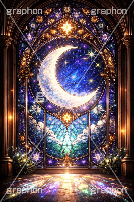 月のステンドグラス,ステンドグラス,ガラス,色ガラス,ファンタジー,ゲーム,月,三日月,満月,満ち欠け,神殿,鉛,ハンダ,西洋,教会,聖堂,glass,church,game,moon,AI生成素材