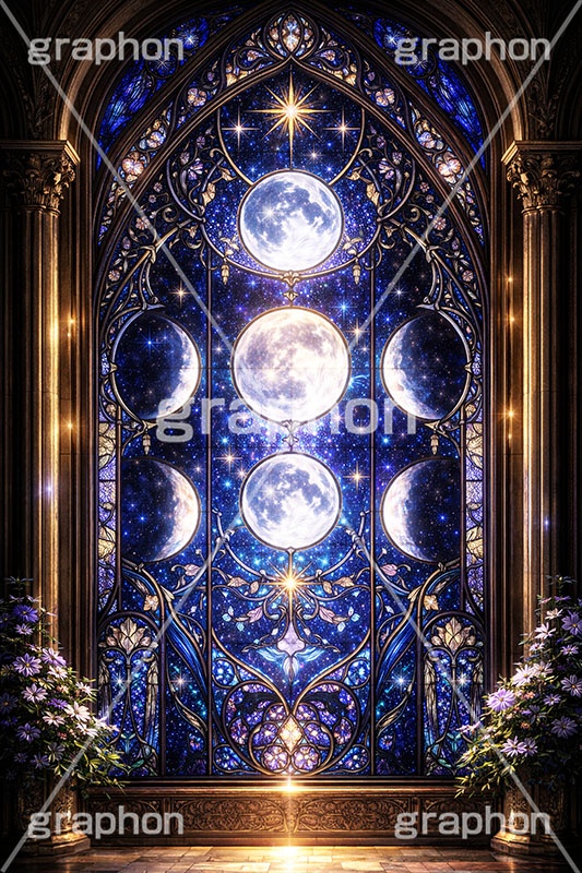 月のステンドグラス,ステンドグラス,ガラス,色ガラス,ファンタジー,ゲーム,月,三日月,神殿,鉛,ハンダ,西洋,教会,聖堂,glass,church,game,moon,AI生成素材