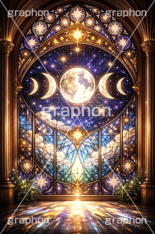月のステンドグラス,ステンドグラス,ガラス,色ガラス,ファンタジー,ゲーム,神殿,鉛,ハンダ,西洋,教会,聖堂,神々しい,glass,church,game,AI生成素材