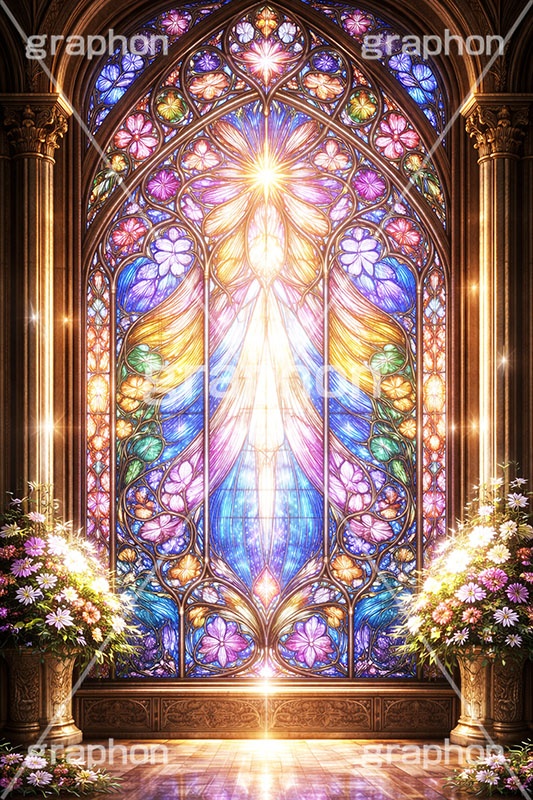 ステンドグラス,ガラス,色ガラス,ファンタジー,ゲーム,神殿,鉛,ハンダ,西洋,教会,聖堂,神々しい,glass,church,game,AI生成素材
