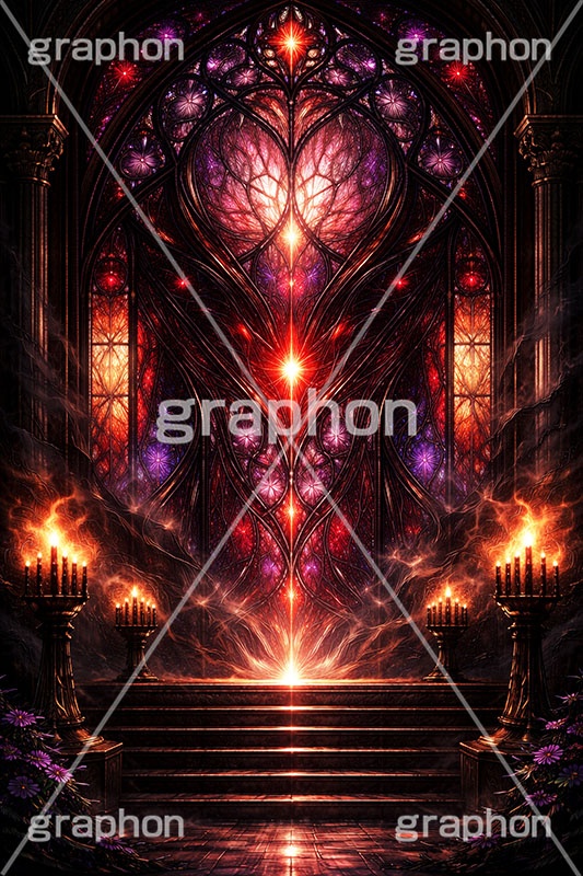 邪悪なステンドグラス,ステンドグラス,ガラス,色ガラス,ファンタジー,ゲーム,神殿,鉛,ハンダ,邪悪,怖い,ホラー,ボス,魔王,デビル,地獄,ロウソク,ろうそく,蝋燭,西洋,教会,聖堂,glass,church,game,boss,horror,candle,AI生成素材