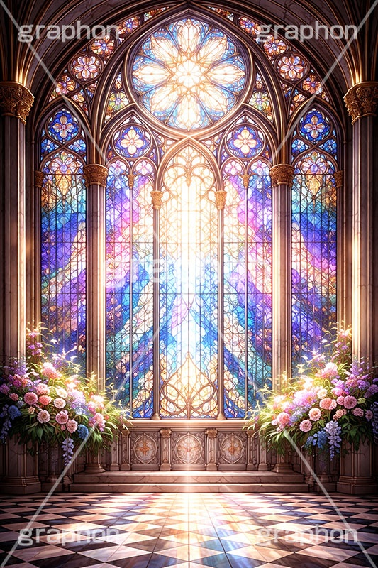 ステンドグラス,ガラス,色ガラス,ファンタジー,ゲーム,神殿,鉛,ハンダ,西洋,教会,聖堂,glass,church,game,AI生成素材