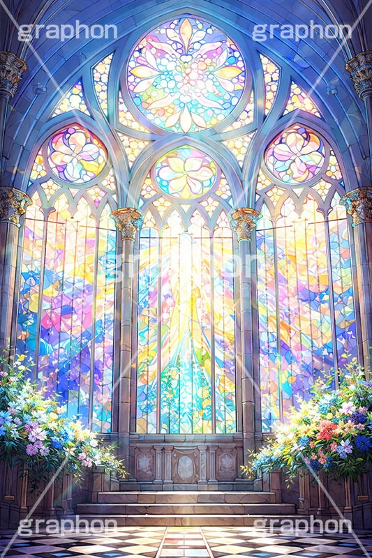 ステンドグラス,ガラス,色ガラス,ファンタジー,ゲーム,神殿,鉛,ハンダ,西洋,教会,聖堂,glass,church,game,AI生成素材