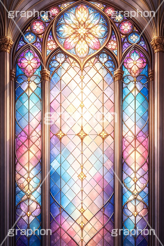 ステンドグラス,ガラス,色ガラス,ファンタジー,ゲーム,神殿,鉛,ハンダ,西洋,教会,聖堂,glass,church,game,AI生成素材