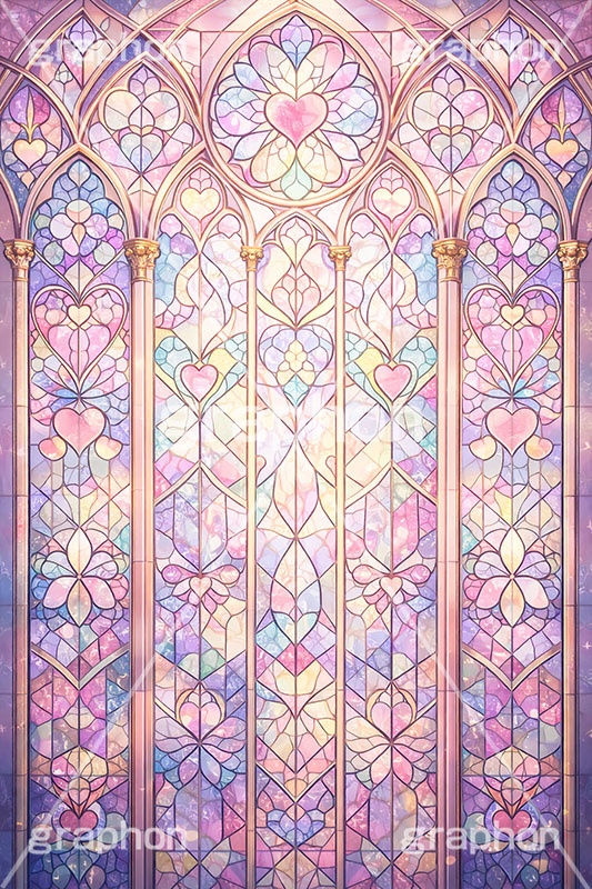 ポップなステンドグラス,ステンドグラス,ガラス,色ガラス,ファンタジー,ゲーム,神殿,鉛,かわいい,カワイイ,可愛い,パステル,ハート,ハンダ,西洋,教会,聖堂,glass,church,game,pastel,heart,AI生成素材