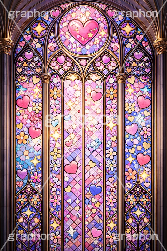 ポップなステンドグラス,ステンドグラス,ガラス,色ガラス,ファンタジー,ゲーム,神殿,鉛,かわいい,カワイイ,可愛い,ポップ,平成レトロ,ハート,ハンダ,西洋,教会,聖堂,glass,church,game,POP,heart,AI生成素材
