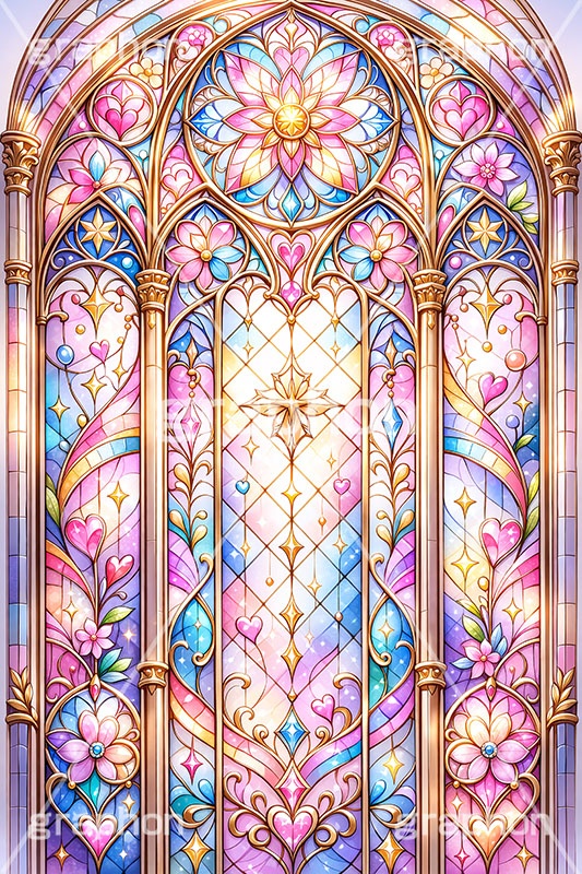 ポップなステンドグラス,ステンドグラス,ガラス,色ガラス,ファンタジー,ゲーム,神殿,鉛,かわいい,カワイイ,可愛い,ポップ,平成レトロ,ハート,ハンダ,西洋,教会,聖堂,glass,church,game,POP,heart,AI生成素材