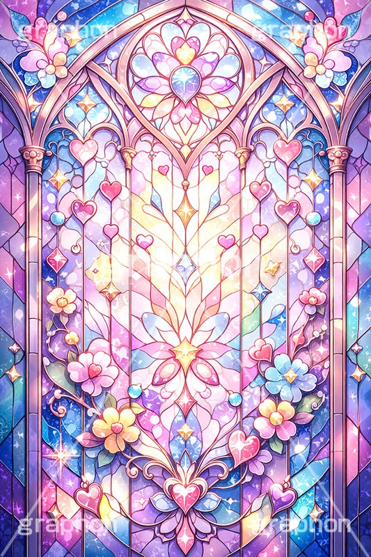ポップなステンドグラス,ステンドグラス,ガラス,色ガラス,ファンタジー,ゲーム,神殿,鉛,かわいい,カワイイ,可愛い,ポップ,平成レトロ,ハート,ハンダ,西洋,教会,聖堂,glass,church,game,POP,heart,AI生成素材