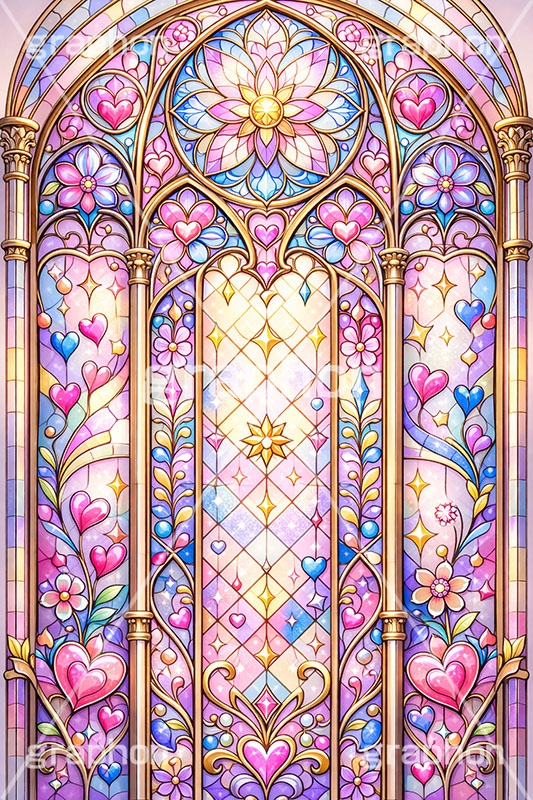ポップなステンドグラス,ステンドグラス,ガラス,色ガラス,ファンタジー,ゲーム,神殿,鉛,かわいい,カワイイ,可愛い,ポップ,平成レトロ,ハート,ハンダ,西洋,教会,聖堂,glass,church,game,POP,heart,AI生成素材