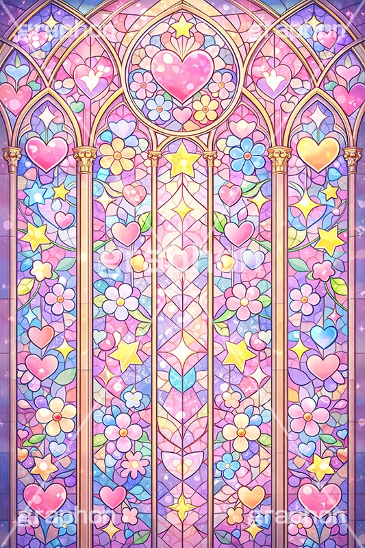 ポップなステンドグラス,ステンドグラス,ガラス,色ガラス,ファンタジー,ゲーム,神殿,鉛,かわいい,カワイイ,可愛い,ポップ,平成レトロ,ハート,ハンダ,西洋,教会,聖堂,glass,church,game,POP,heart,AI生成素材