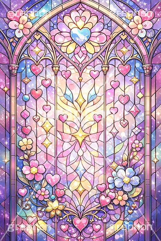 ポップなステンドグラス,ステンドグラス,ガラス,色ガラス,ファンタジー,ゲーム,神殿,鉛,かわいい,カワイイ,可愛い,ポップ,平成レトロ,ハート,ハンダ,西洋,教会,聖堂,glass,church,game,POP,heart,AI生成素材