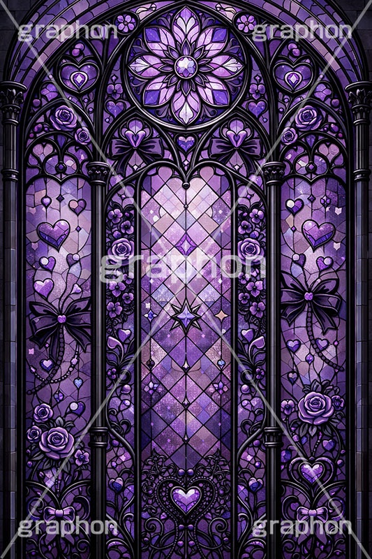 ゴスロリなステンドグラス,ステンドグラス,ガラス,色ガラス,ファンタジー,ゲーム,神殿,鉛,ハンダ,ゴスロリ,ゴシック,ロック,パンク,ハート,ローズ,薔薇,バラ,ホラー,西洋,教会,聖堂,glass,church,game,rock,punk,gothic,horror,heart,rose,AI生成素材