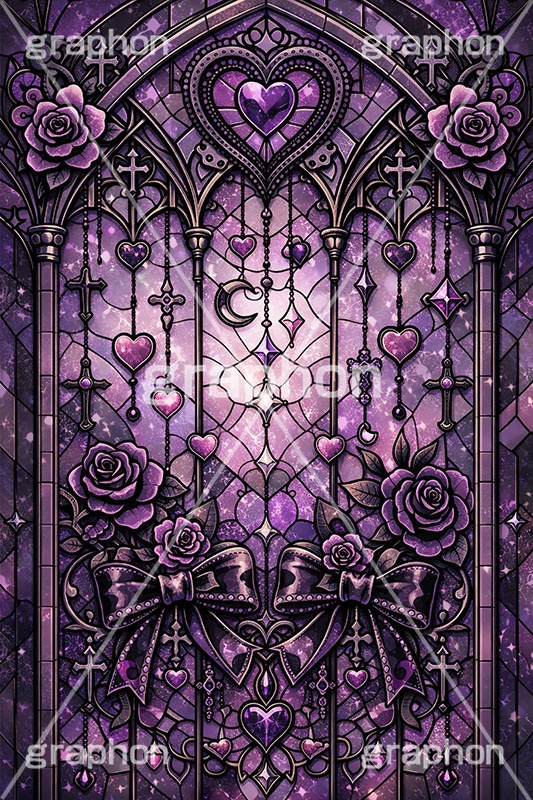 ゴスロリなステンドグラス,ステンドグラス,ガラス,色ガラス,ファンタジー,ゲーム,神殿,鉛,ハンダ,ゴスロリ,ゴシック,ロック,パンク,ハート,ローズ,薔薇,バラ,ホラー,西洋,教会,聖堂,glass,church,game,rock,punk,gothic,horror,heart,rose,AI生成素材