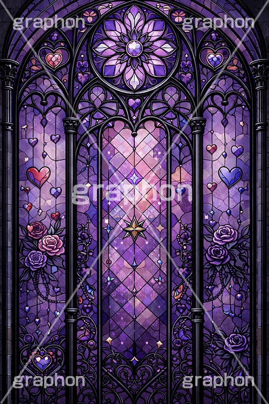 ゴスロリなステンドグラス,ステンドグラス,ガラス,色ガラス,ファンタジー,ゲーム,神殿,鉛,ハンダ,ゴスロリ,ゴシック,ロック,パンク,ハート,ローズ,薔薇,バラ,ホラー,西洋,教会,聖堂,glass,church,game,rock,punk,gothic,horror,heart,rose,AI生成素材