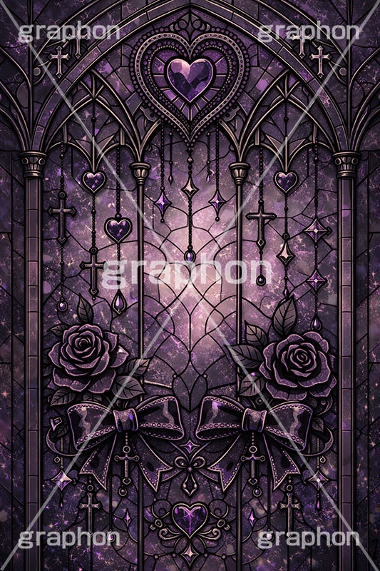 ゴスロリなステンドグラス,ステンドグラス,ガラス,色ガラス,ファンタジー,ゲーム,神殿,鉛,ハンダ,ゴスロリ,ゴシック,ロック,パンク,ハート,ローズ,薔薇,バラ,ホラー,西洋,教会,聖堂,glass,church,game,rock,punk,gothic,horror,heart,rose,AI生成素材