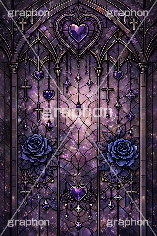 ゴスロリなステンドグラス,ステンドグラス,ガラス,色ガラス,ファンタジー,ゲーム,神殿,鉛,ハンダ,ゴスロリ,ゴシック,ロック,パンク,ハート,ローズ,薔薇,バラ,ホラー,西洋,教会,聖堂,glass,church,game,rock,punk,gothic,horror,heart,rose,AI生成素材
