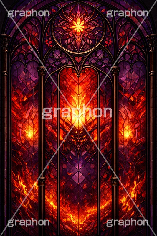 邪悪なステンドグラス,ステンドグラス,ガラス,色ガラス,ファンタジー,ゲーム,神殿,鉛,ハンダ,邪悪,怖い,ホラー,ボス,魔王,デビル,地獄,西洋,教会,聖堂,glass,church,game,boss,horror,AI生成素材